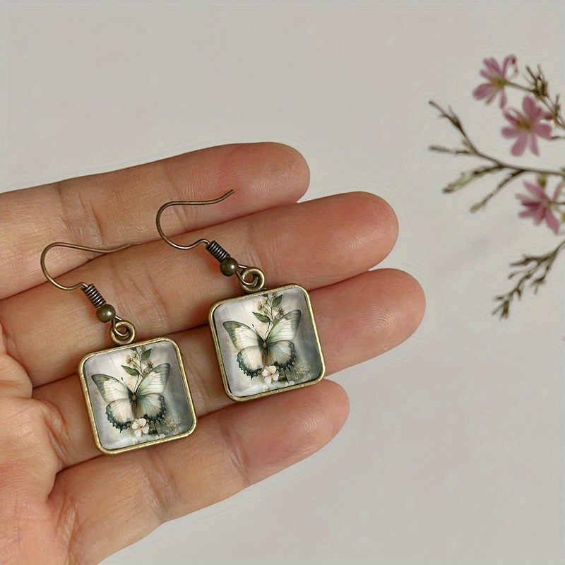 Vintage Square Earrings with Butterfly Oil Painting, Handmade